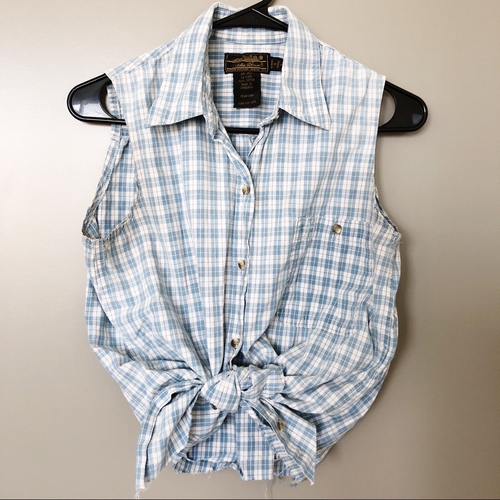 Pale Blue + White Checkered Buttondown Vest Chambray Blouse